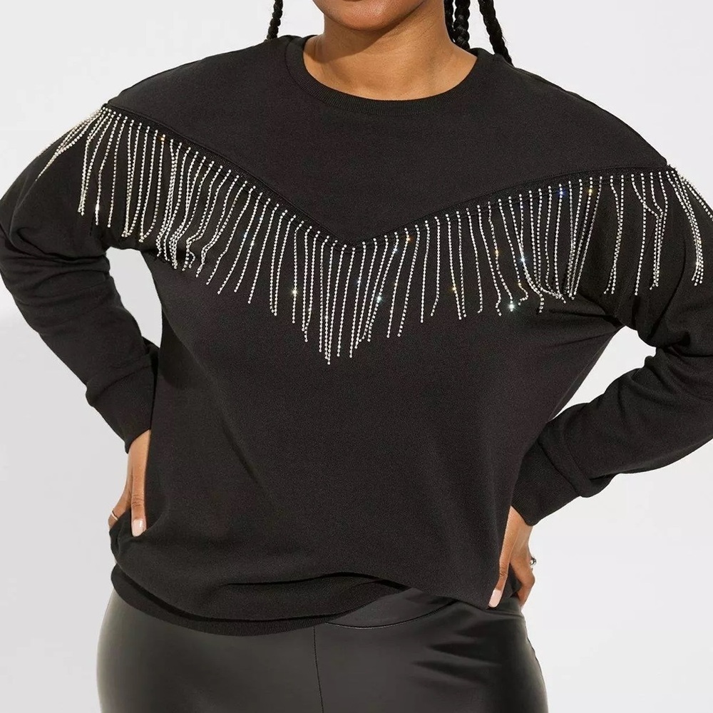 Black Torrid sweatshirt with silver rhinestone fringe chevron detail 1X